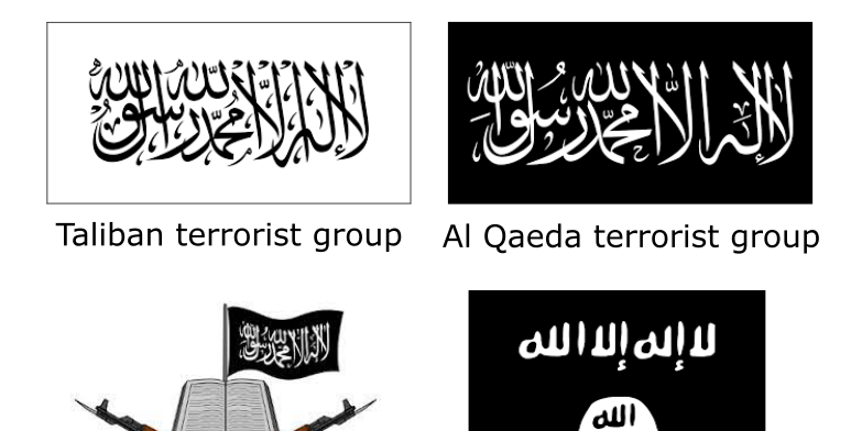 Flags of 4 Terrorist Groups: Taliban, Al-Qaeda, ISIS and Boko Haram 